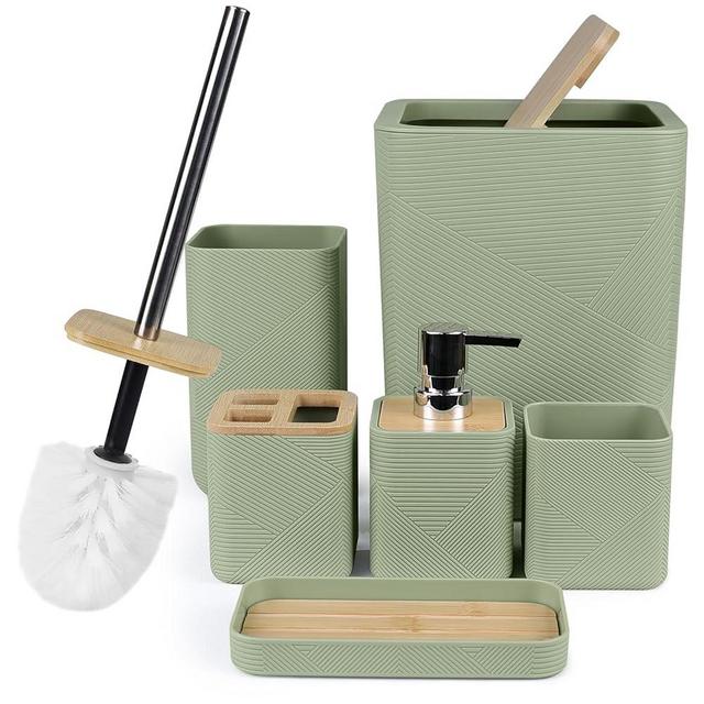 CERBIOR Bathroom Accessories Set 6 Piece Bamboo Bath Ensemble Includes Soap Dispenser, Toothbrush Holder, Toothbrush Cup, Soap Dish for Decorative Countertop and Housewarming Gift (Green)