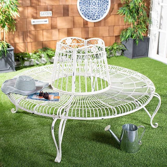 Safavieh PAT5019B Outdoor Collection Ally Darling Antique White Wrought Iron 60-inch Round Tree Bench