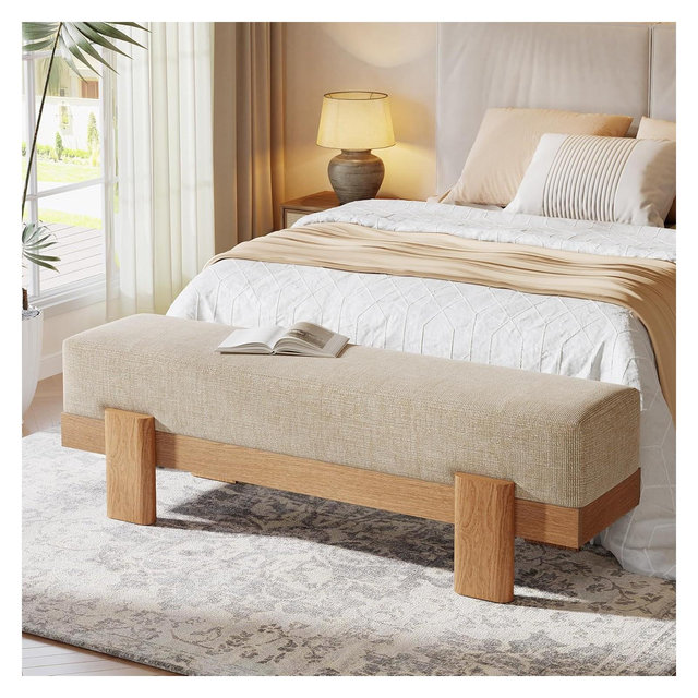 Lantine 55-Inch Upholstered Entryway Bench, Modern Fabric Shoe Bench and End of Bed Stool for Bedroom, Entrance, Living Room, Beige & Oak