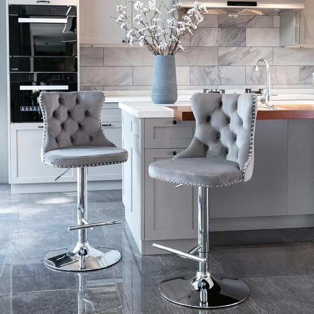 Swivel Bar Stools Set of 2, Adjustable Counter Height Barstools with Nailheads Trim, Button Tufted Back and Silver Footrest, Velvet Upholstered Bar Chairs for Dining Room Home Bar Kitchen Island, Gray