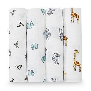 aden + anais Classic Swaddle Baby Blanket, 100% Cotton Muslin, Large 47 X 47 inch, 4 pack, Jungle Jam, Giraffe/Monkey/Elephant