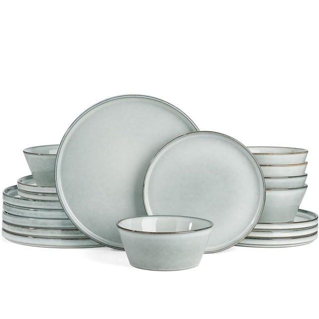 Famiware Annecy Dinner Plates and Bowls Sets, Stoneware Dinnerware Sets, Dishes Set for 6, 18 Pieces Handmade Dishware Set - Microwave & Dishwasher Safe, Double Reactive Glaze Tableware, Grey-Blue