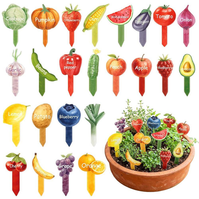 Novabright 24 Pcs Vegetable Label Signs Acrylic Garden Marks 5.1 Inch Fruit Tags Plant Stake with 24 Styles Funny Vegetable Sign Waterproof Potted Plant Label for Nursery Garden Indoor Outdoor Decor