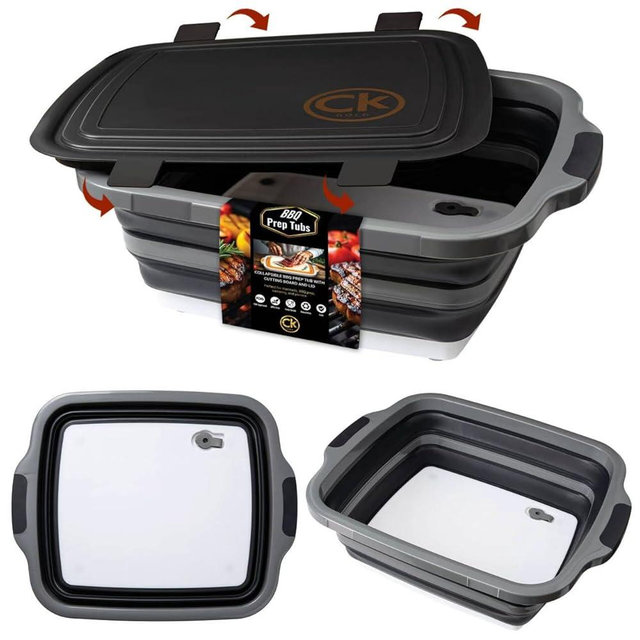 New LARGE Collapsible BBQ Prep Tub /LOCKING Lid, Cutting Board & Drain Hole | BPA-Free, Food-Grade, Recyclable, Space-Saving Buckets for Grilling, Camping, Kitchen & Outdoor Cooking (Black, 8 Liters)