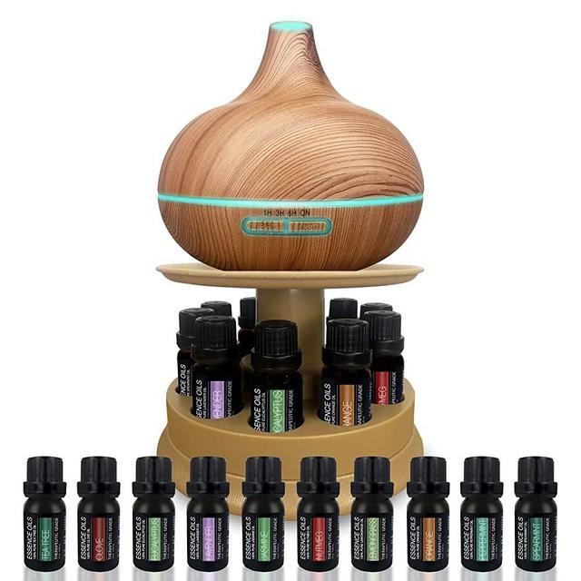 Ultimate Aromatherapy Ultrasonic 300ml Diffuser & Top 10 Therapeutic Grade Essential Oils Set w/Rotating Display Stand - 4 Timer & 7 Ambient Light Settings