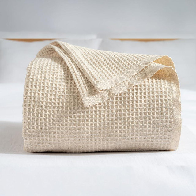 RAYME TEKSTIL - 100% Turkish Cotton Waffle Blanket King - Cozy, Airy, Lightweight Summer Throw Blankets - Made in Turkiye, (Natural Raw Blanket, King Size 90" x 110" inch)