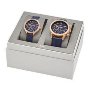 His Chronograph and Her Multifunction Navy Leather Watch Gift Set