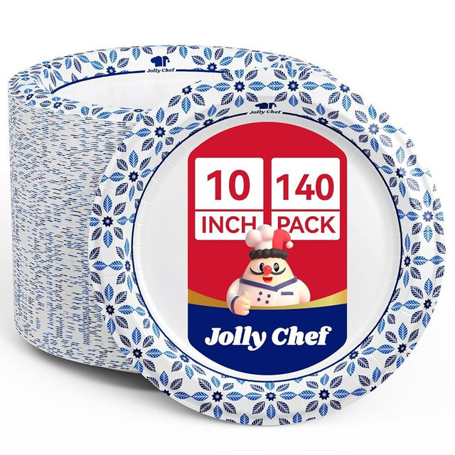 JOLLY CHEF 10 inch Disposable Paper Plates 140 Count, Soak Proof, Cut Proof, Heavy Duty Paper Plates for Everyday Use