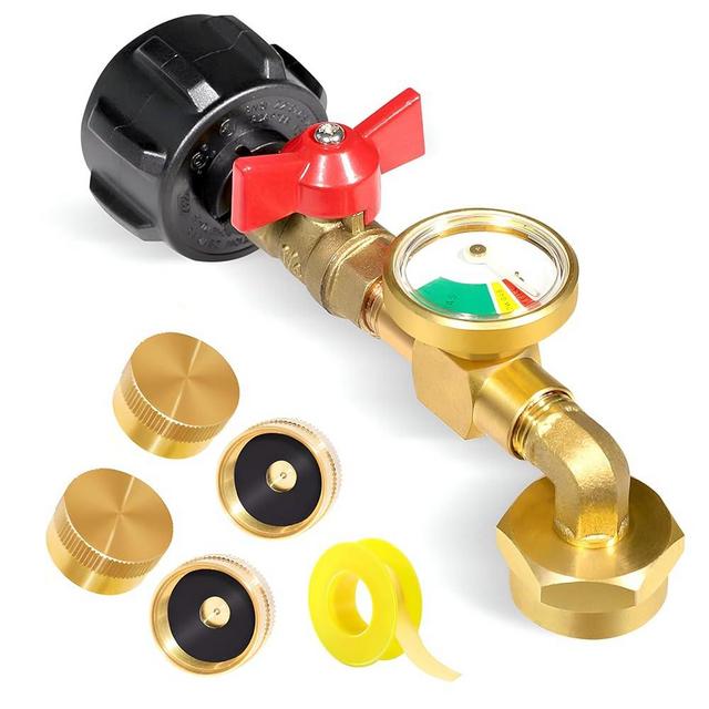 Propane Refill Adapter for 1lb. Tanks, 90 Degree Propane Adapter 20lb to 1lb Converter with Gauge and Control Valve for Propane Tank, Heater, Grill Stove, 4 Caps Included, Solid Brass