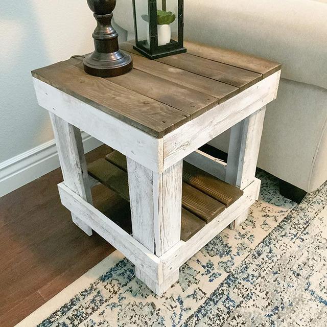 Del Hutson Designs Natural Reclaimed Barnwood Rustic Farmhouse End Table, USA Handmade Country Living Decor (Dark/White)