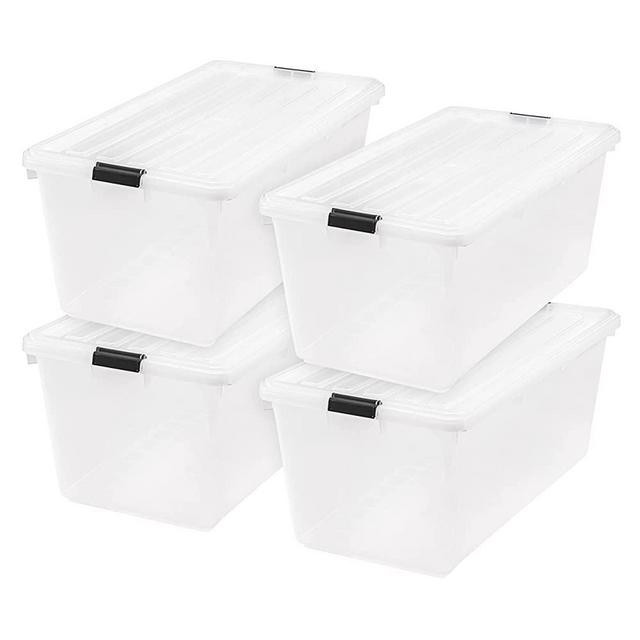 IRIS USA 91 Quart Large Storage Bin Utility Tote Organizing Container Box with Buckle Down Lid for Clothes Storage, 4 Pack, Clear, Clear/Black (500184)