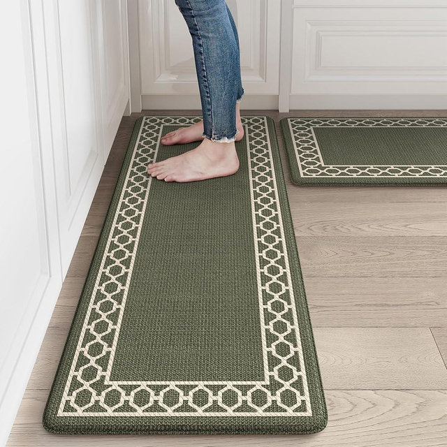 LEEVAN Anti Fatigue Mats for Kitchen Floor Non-Slip, Cushioned Kitchen Mats for Floor 2 Piece, Olive Green Memory Foam Kitchen Mat Set, Waterproof Ergonomic Standing Mat for Bar, Office,Desk, Laundry