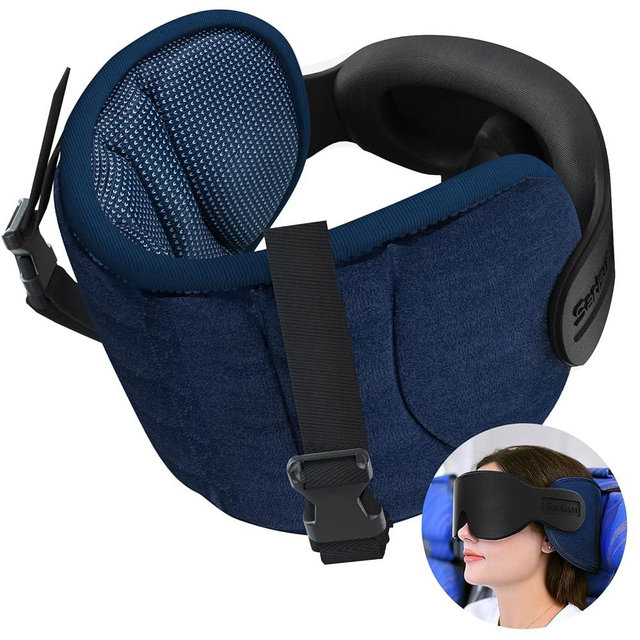 SARISUN Travel Pillows for Airplanes, Airplane Pillow for Long Flight, Airplane Head Strap with Sleep Eye Mask, 360° Headrest for Car Trip, Stop Bobblehead, FSA HSA Eligible Approved, Mottled Blue