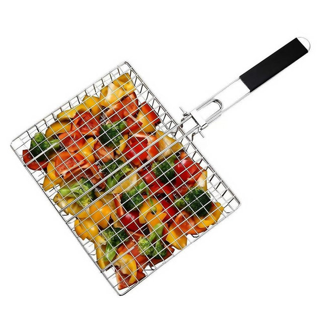Grill Basket Stainless Steel with Portable Removable Handle BBQ Grilling Basket for Steak Burger Fish Meat Shrimp Vegetables Grill Vegetable Basket Dishwasher Safe