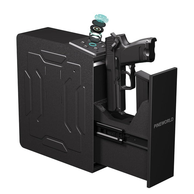 PINEWORLD Gun Safe For Handgun, Biometric Slider Bedside Handgun Safe, Pistol Lock Case for Nightstand,Sliding Door Hand Gun Safe for Pistol -with 3 Quick Access Fingerprint, PIN Code, KEY