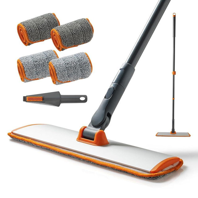 CLEANHOME Microfiber Mop Floor Dust Mop with Extendable Long Handle, Flat Mop with 4 Reusable Pads and 1 Dirt Removal Scrubber, Suitable for Home Kitchen Bathroom Living Room Cleaning
