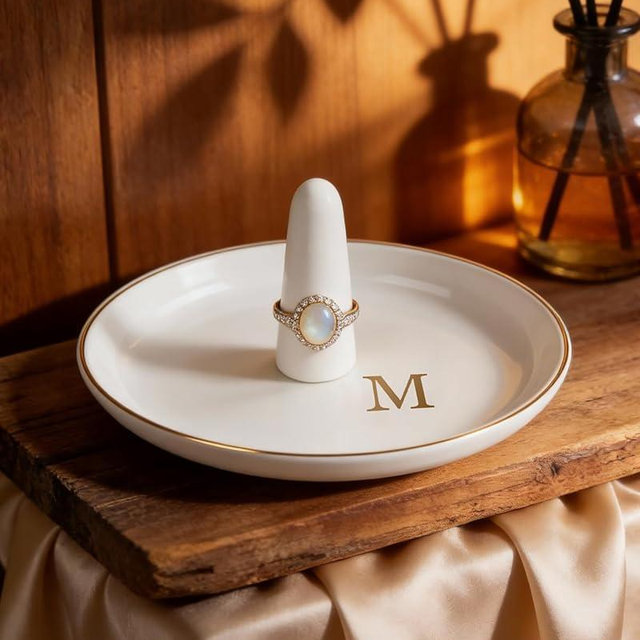 CulturaCraft Ceramic Ring Holder Dish - Monogrammed Jewery Tray Ring Dish Jewelry Holder Dish Room Decor, Personalized Engagement Wedding Gift Birthday Valentines Christmas Gifts for Women - Initial M