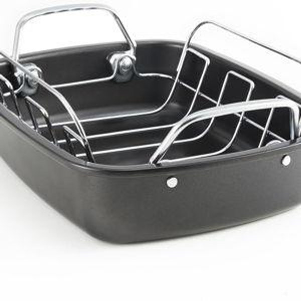 Large Roasting Pan with Rack - 25 LB Nonstick Turkey Roaster Pan for Oven - Heavy Duty Carbon Steel Roasting Pan with Wider Handles for Chicken, Vegetables & Holiday Meals, Gray