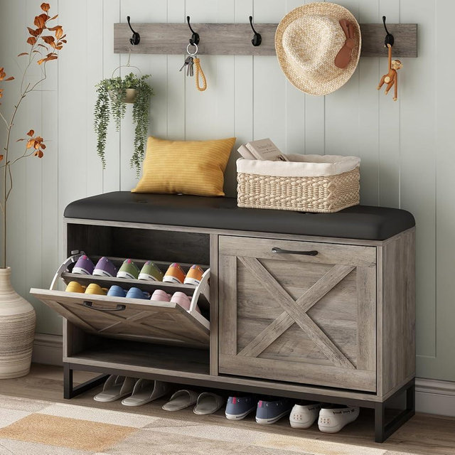 Maupvit Shoe Cabinet with 2 Flip Drawers & Coat Rack, Shoe Storage Bench with Seat Cushion for Entryway, 5 Large Sturdy Metal Hooks - with Locking Wall Parts, Washed Gray