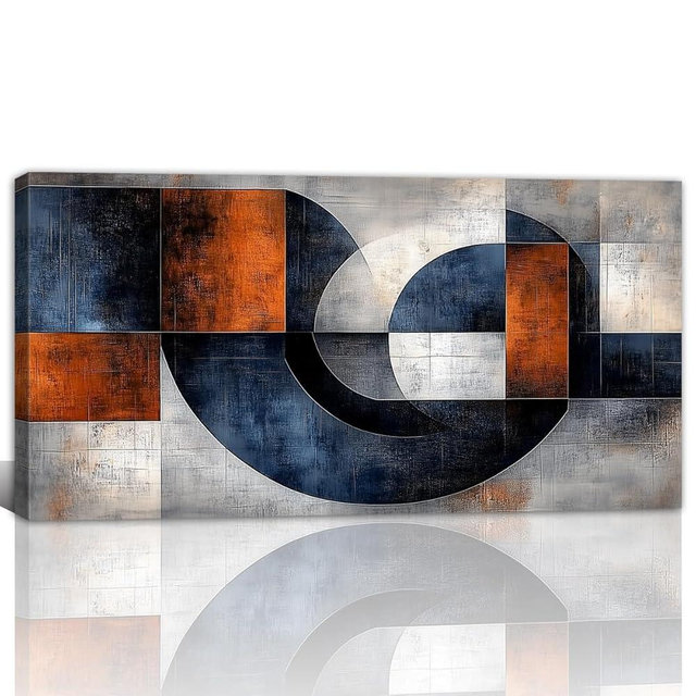 Abstract Canvas Wall Art Navy Blue Orange Geometry Picture Prints Modern Large Texture Paintings for Living Room Bedroom Bathroom Office Wall Decor Framed(Large-3,12L x 24W)
