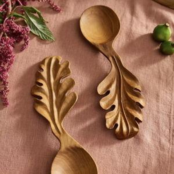 Oak Leaf Teak Serving Utensil Set