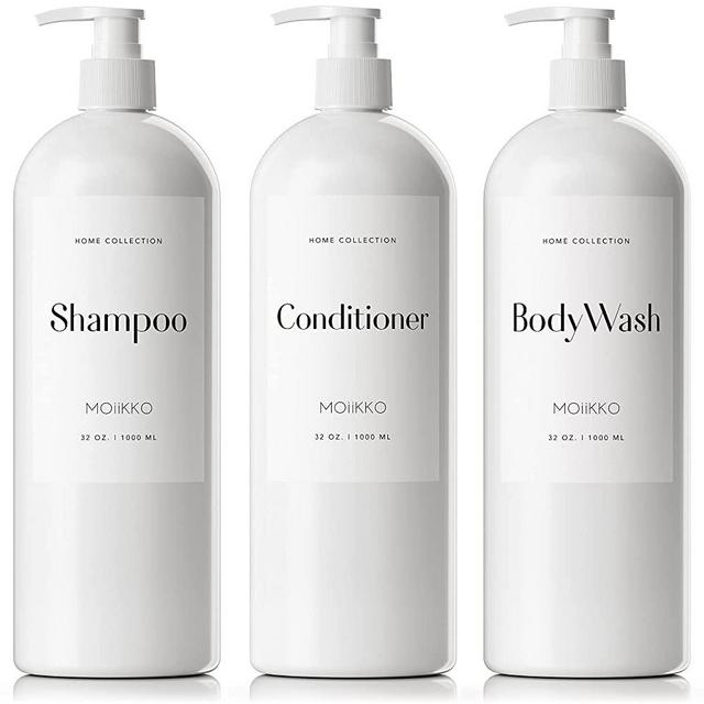 Moiikko Shampoo and Conditioner Bottles - Pack of 3 Refillable, 32oz Empty Shampoo Conditioner Body Wash Dispenser (White) with 8 Waterproof Labels for Modern Bathroom Accessories