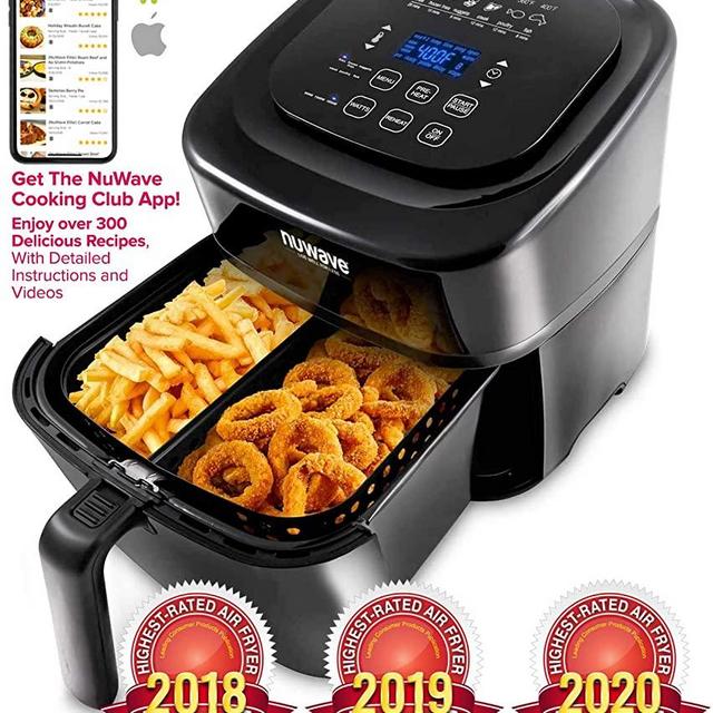 NuWave Brio 6-Quart Air Fryer with App Recipes (Black) includes basket divider, one-touch digital controls, 6 easy presets, wattage control, and advanced functions like SEAR, PREHEAT, DELAY, WARM and more