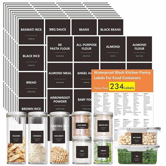 Hebayy 234 Minimalist Kitchen Food Labels, 216 Preprinted Flour Pasta Peas Condiment Oil Stickers, 18 Blank Ones, Waterproof Oil&Tear Resistant, No Residue for Pantry Food Containers Jars.