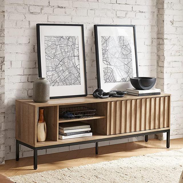 Mopio Norwin 64" TV Stand for Televisions up to 70", Modern Industrial Farmhouse Entertainment Center, TV Console, with Storage Shelves, Sturdy Metal Legs, Sliding Door, & Leveler for Living Room, Oak