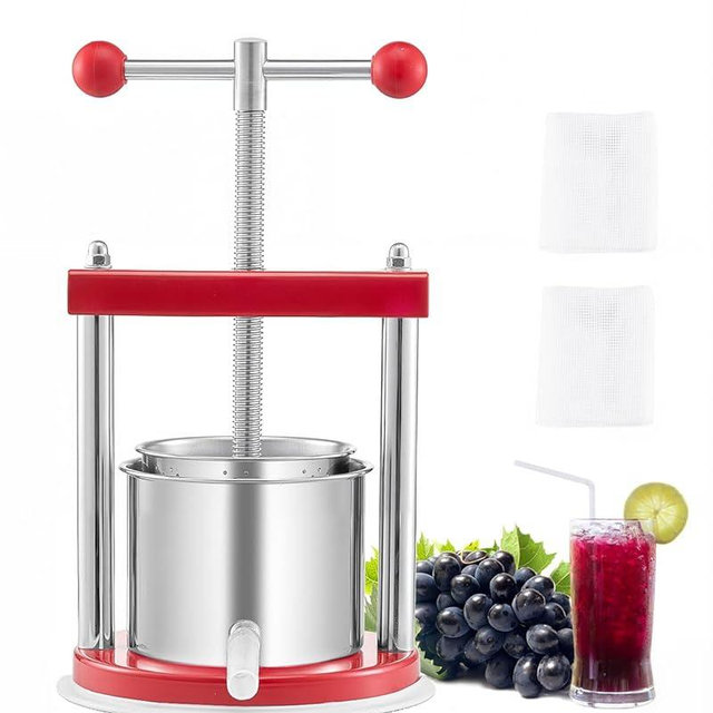 VEVOR 0.44 Gal/1.65L Fruit Wine Press, 2 Stainless Steel Barrels, Manual Juice Maker, Cider Apple Grape Tincture Honey Olive Oil Making Press with T-Handle for Outdoor Kitchen Home
