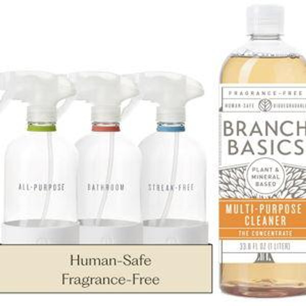 Branch Basics Cleaning Essentials Kit: All Purpose, Glass and Bathroom Cleaner - Concentrate (33.8 Oz) (24 Refills) + Refillable Glass Spray Bottles (16 Oz) Plant Based, Human-Safe, & Fragrance Free