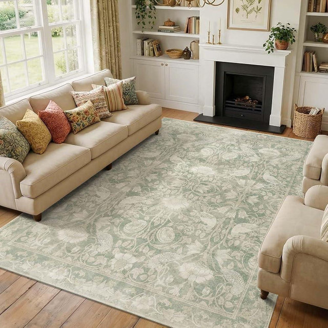 SIRIS 8x10 Washable Area Rug, Symmetrical Botanical Floral Vintage Living Room Rug, Low-Pile Non-Slip Floor Mat, Cozy Soft Muted Tone Carpet for Bedroom Nursery Dining Room Office, Sage Green
