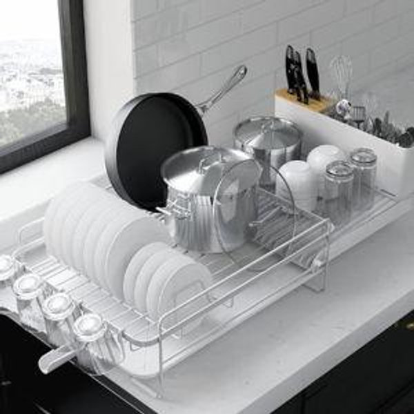 WHITE ** Kitsure Large Dish Drying Rack - Extendable Dish Rack, Multifunctional Dish Rack for Kitchen Counter, Anti-Rust Dish Drainers with Cutlery & Cup Holders 19.2"-26.7" L x 12.9" W, White