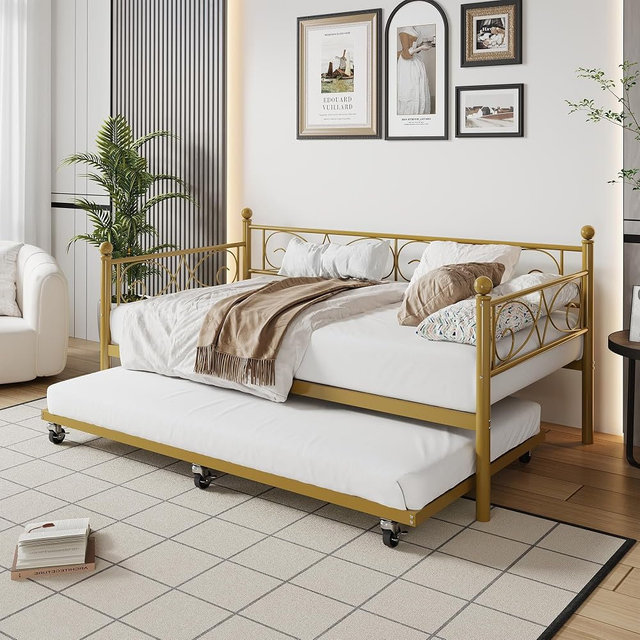 IDEALHOUSE Twin Daybed with Trundle, Metal Trundle Bed, Sofa Bed Frame, Heavy Duty Metal Slats, for Living Room, Bedroom, Guest Room, Space Saving, Gold