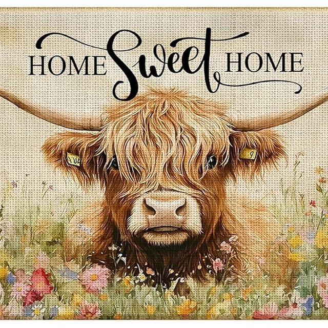 EVIHCG Home Sweet Home Highland Cow Door Mat, Rustic Floral Cow Doormat Outdoor Indoor Entrance, Housewarming Decor Welcome Mats for Front Door, 17x30 Inch