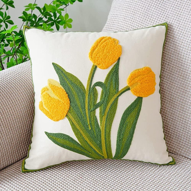 vctops Farmhouse Tulip Cotton Tufted Throw Pillow Cover Spring Floral Embroidery Pillowcase Soft Square Cushion Case for Sofa Couch Bed Chair (Yellow,18"x18")