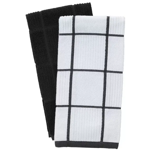 T-fal Solid and Check Parquet Kitchen Towels, Two Pack, Charcoal