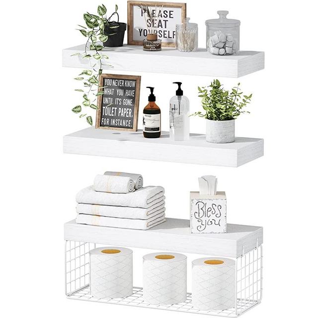QEEIG Bathroom Floating Shelves Over The Toilet Storage Wall Shelf Small 16 inch Set of 3, White
