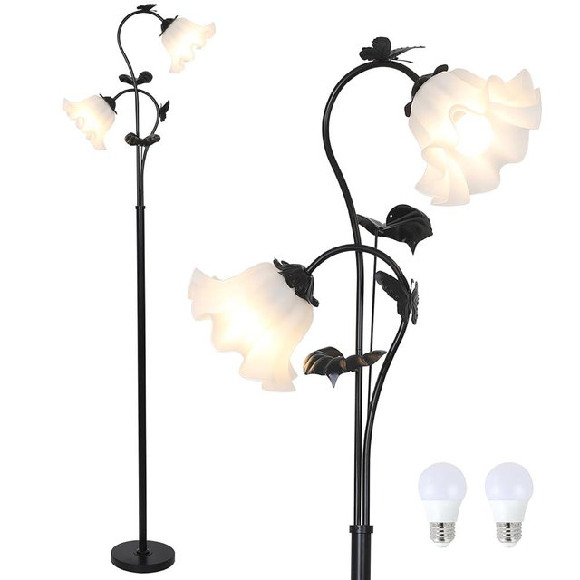HMVPL Black Floor Lamp for Living Room, Flower Standing Lamp with 2 LED 5W Blubs, Foot Switch, Floral Tall Lamp with Acrylic Shade, Antique Lotus Flower Floor Lamp for Living Room Office Reading