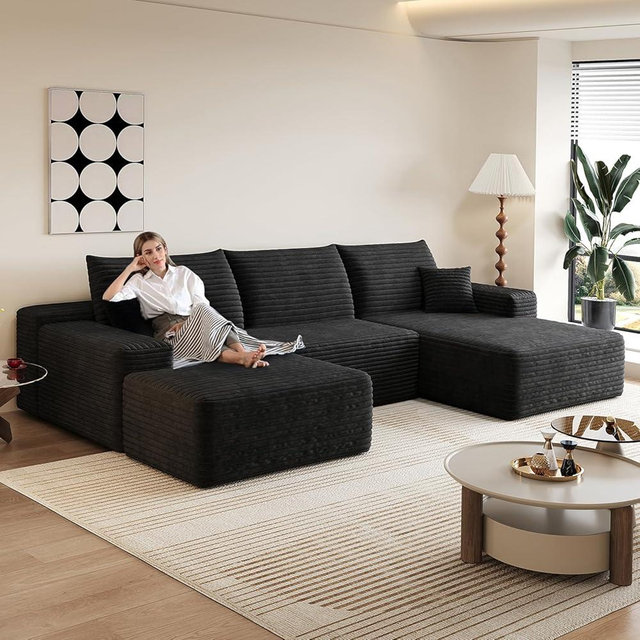 107" Comfy U-Shaped Sectional Modern Boneless Corduroy Couch with Chaise ‌and Ottoman‌ - No Assembly Required! Deep-Seat, Upholstered Modular Cloud Sofa for Living Room, Plush Corduroy Fabric(Black)