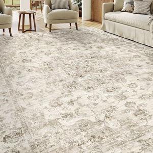 8x10 Washable Neutral Area Rug Beige Vintage Living Room Bedroom Carpet Non-Slip Soft Low Pile Farmhouse Indoor Large Throw Rug for Dining Room Office