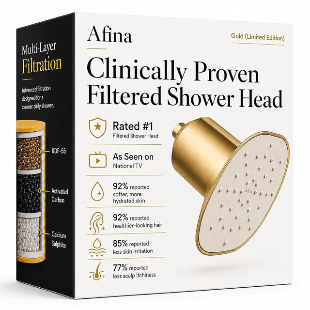 Afina High Pressure Rain Filtered Shower Head - 2.5 GPM - Gold | KDF-55 Shower Filter For Hard Water Reduces Chlorine For Softer Skin & Healthier Hair; Rainfall Spray, Universal Fit