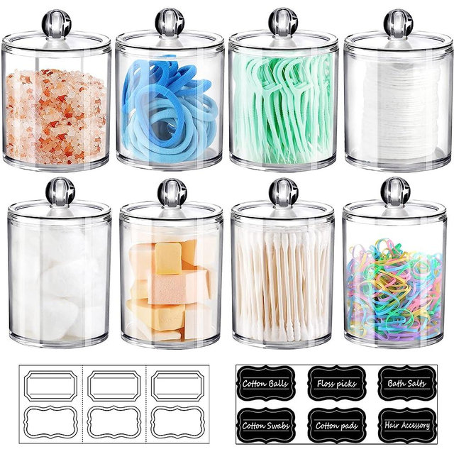 8 Pack Qtip Dispenser Apothecary Jars Bathroom Set with Labels - Clear Plastic Qtip Holder Storage Set for Cotton Ball,Cotton Swab,Cotton Rounds,Floss Picks, Hair Clips，Hair Ties(Clear,15oz & 12oz)