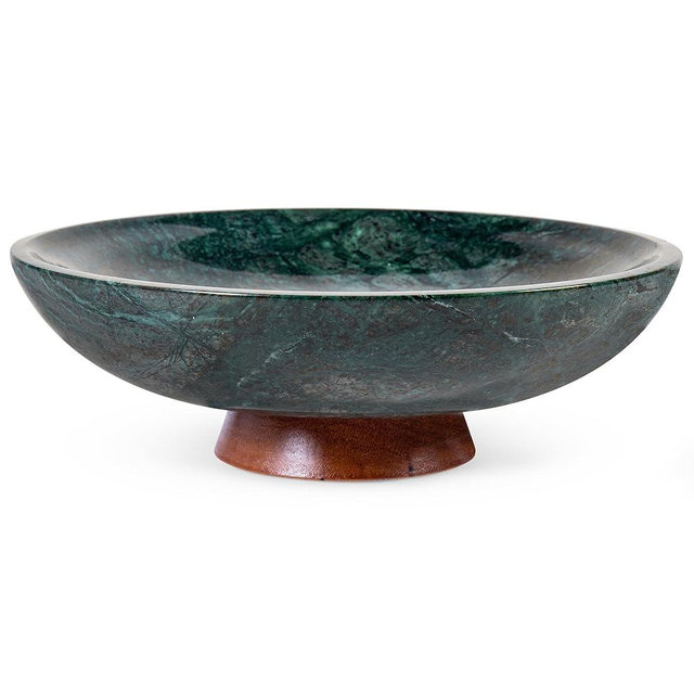 Decorative Marble Bowl Green - Handcrafted Natural Stone on Acacia Wood Pedestal - Versatile 10" Catch‑All Centrepiece for Home Decor - Entryway, Dining Table, Kitchen Fruit Bowl, Key Holder (Green)
