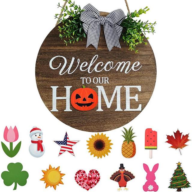 Seasonal Welcome Door Sign Interchangeable Welcome to Our Home Wood Round Wreath with Buffalo Check Plaid Bow Outdoor Holiday Decoration for Spring Summer Autumn Winter 14 Pieces Hanging Ornaments