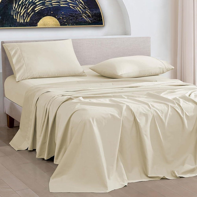 URBANHUT 1000 Thread Count Queen Sheets Set Egyptian Cotton, Long Staple Soft & Breathable, 4 Pc Bed Sheet Sets for Queen Size Bed, Luxury Hotel Sateen Sheets Fits 16" Deep Pocket - Ivory New
