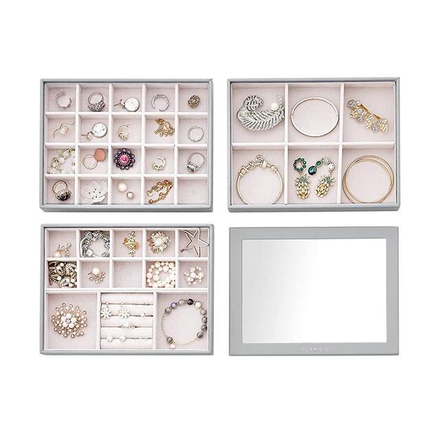 Vlando Stackable Jewelry Tray - Multipurpose Jewelry Accessories Display Storage and Organizer for Earring Necklace Bracelet Ring (3-Layer w/Lid (Small), Grey)
