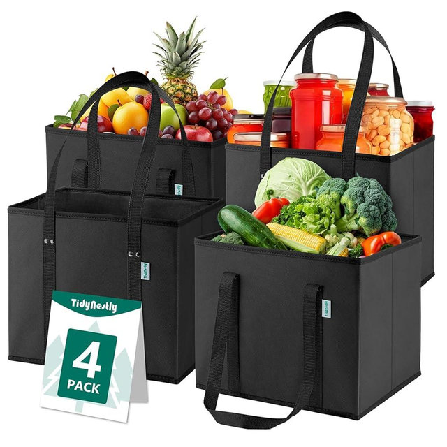 TidyNestly Reusable Grocery Bags Foldable 4-Pk, Heavy Duty Large Reusable Shopping Bags with Handles, Collapsible Tote