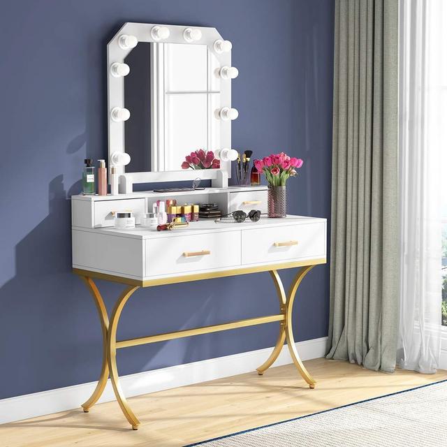 Tribesigns Vanity Table with Lighted Mirror, Elegant Makeup Vanity Dressing Table with 10 Lights 4 Drawers for Women and Girls Modern Make-up Dresser Table for Bedroom