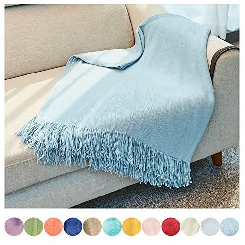 INSHERE Light Blue Solid Color Knit Woven Throw Blanket Cover with Tassels Fringe Soft Cozy Comfy Warmth Lightweight Summer Home Decor for Couch Bed Chair Sofa Living Room 51''x67''